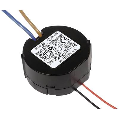 Round electronic transformer with printed technical specifications, including input voltage 230V and output 12V. Four wires: blue, brown, red, black.