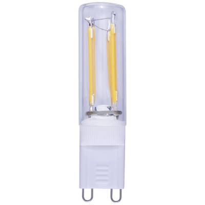 LED light bulb with a cylindrical glass housing, visible filaments, and G9 base, suitable for light fittings with a small socket diameter.