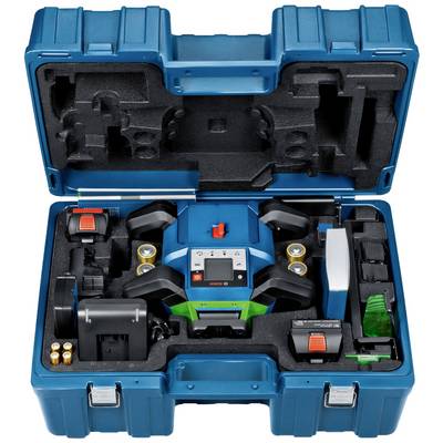 An open blue suitcase displays a laser distance measuring device with accessories, all securely stored in custom-fitted compartments.