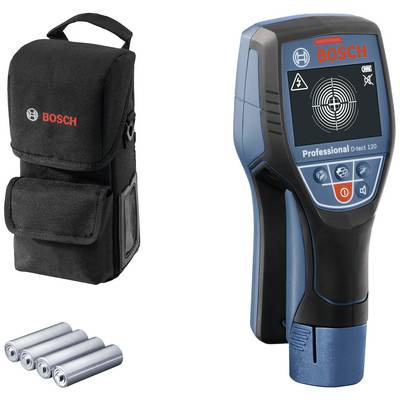 Image of a Bosch D-tect 120 detection device with batteries and carry case, suitable for detecting metal, electrical cables and wood.