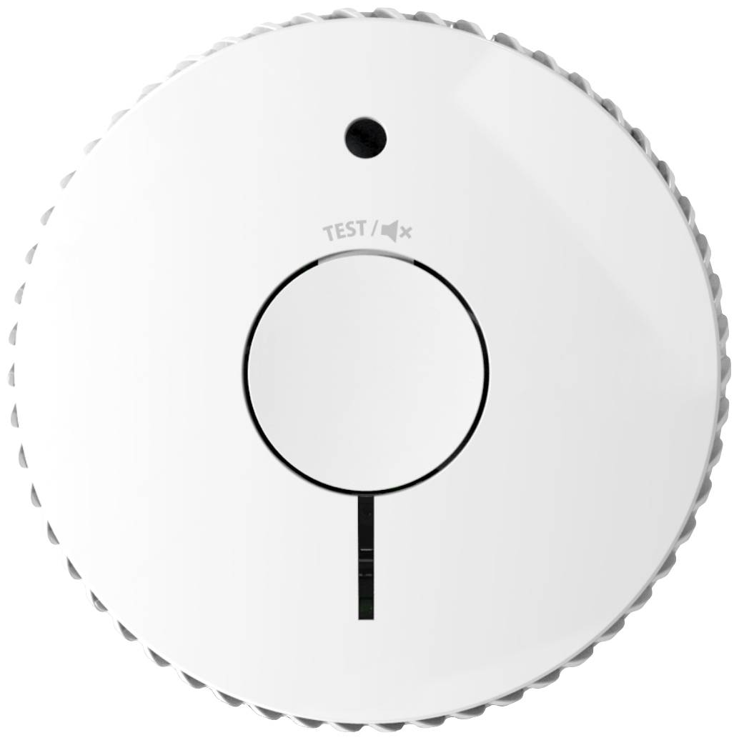 Round smoke detector in white. A large button sits in the centre, with 'TEST' written above it. A small black hole at the top.