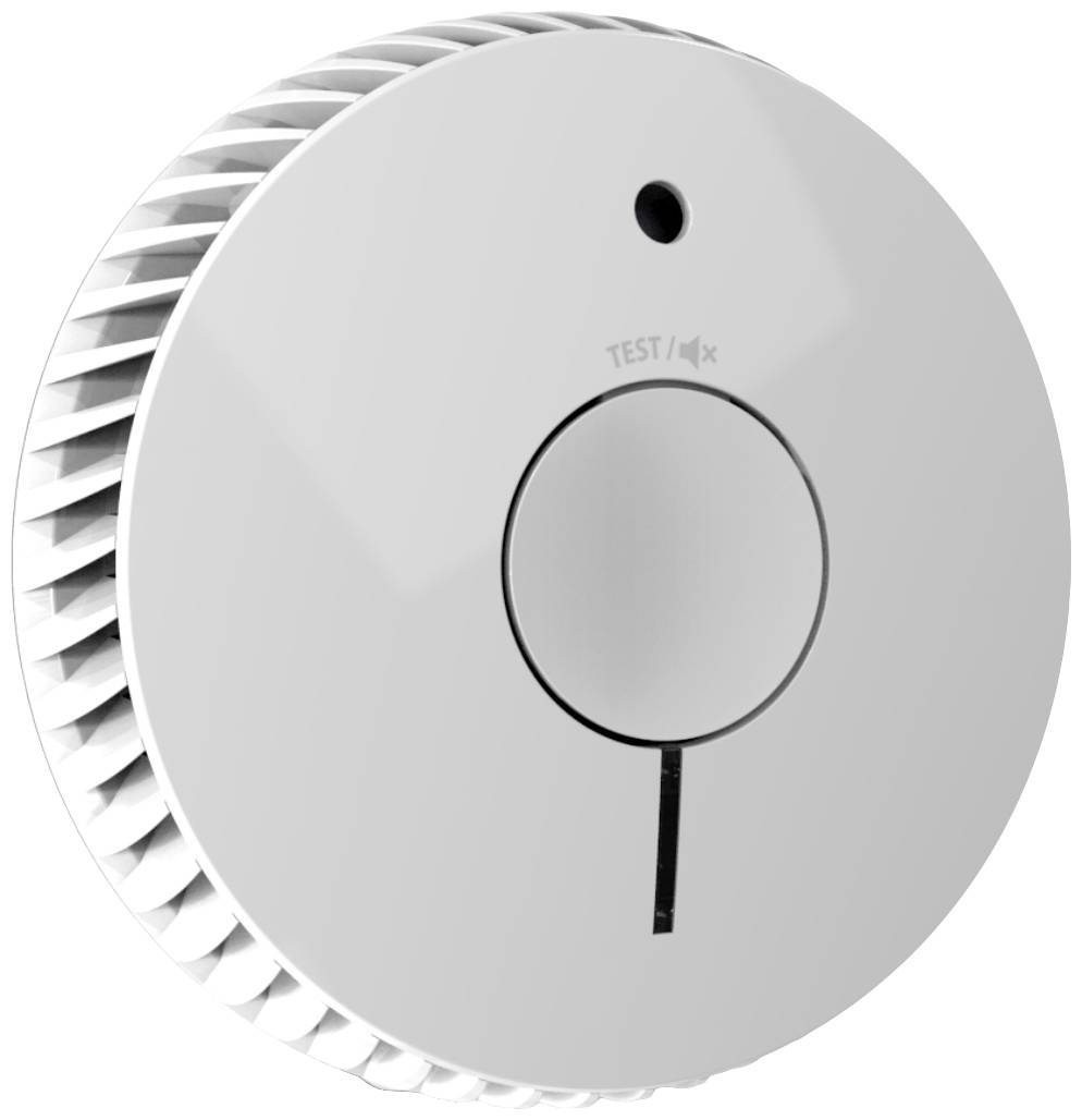 A round smoke detector with a test button in the centre. The edge is ribbed.