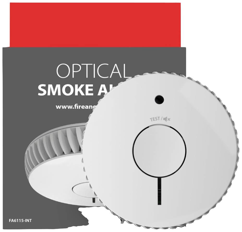 Optical smoke detector with test button in front of grey packaging with red print 'OPTICAL SMOKE ALARM'.