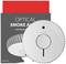 Optical smoke detector with test button in front of grey packaging with red print 'OPTICAL SMOKE ALARM'.
