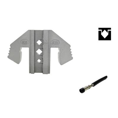 'Grey metallic clip and dark cable plug with metallic connection point.'