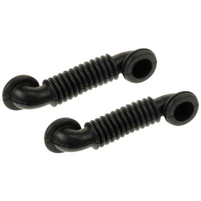 Two black, flexible rubber parts with a ribbed central section, most likely designed for stabilising or connecting objects.