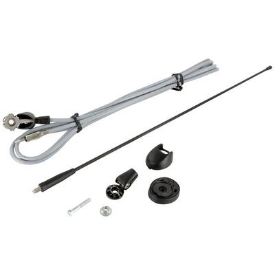 Car antenna set with black antenna, grey cable, mounting accessories and fixing parts on white background.