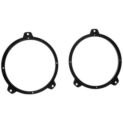 Two black, round adapter rings, each with three mounting holes on the sides, on a white background.