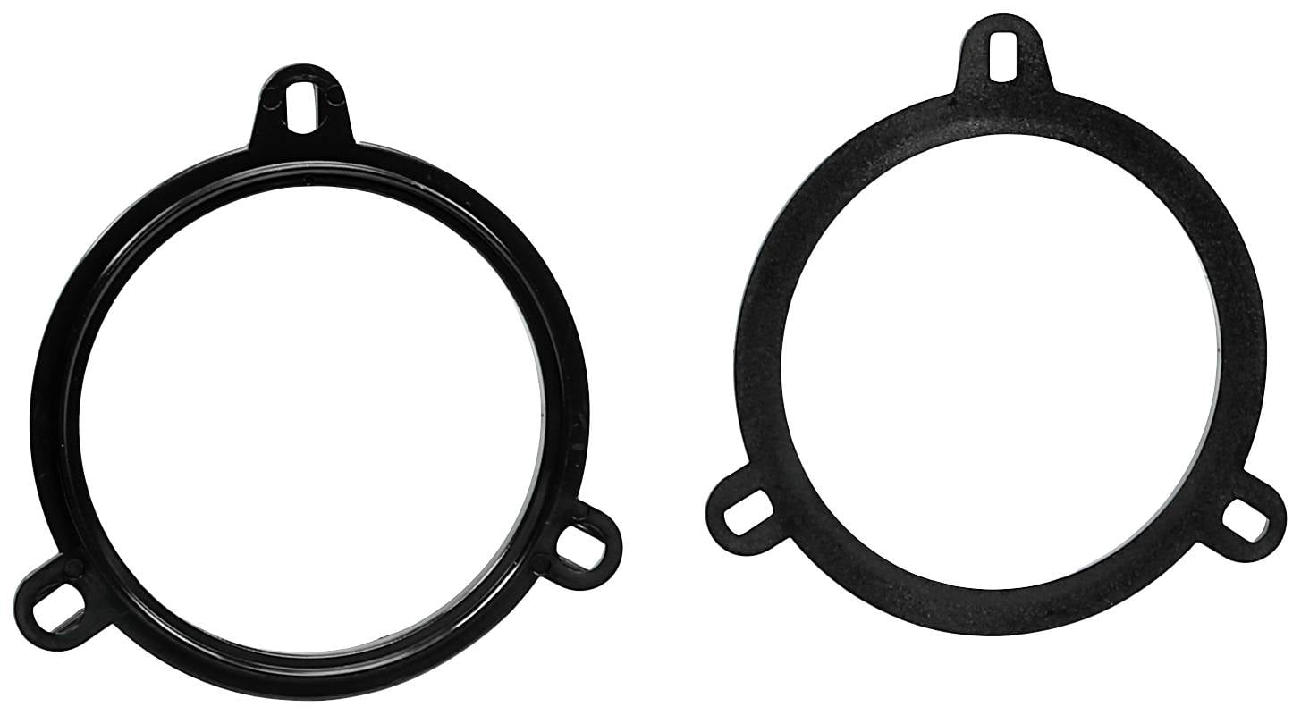 Two black, round plastic rings with small, side-mounted tabs, presumably for attachment or mounting.