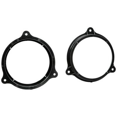 Two black, round plastic adaptor rings with holes for mounting, differing in design, likely for speakers.