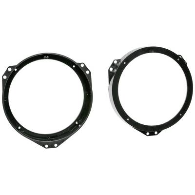 Two round, black metal rings with mounting holes, presumably for installation in a technical or mechanical context.