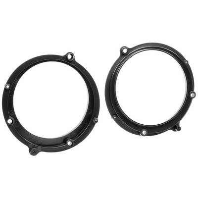 Two black, circular plastic rings with multiple mounting points, likely suitable for installing speakers in vehicles.