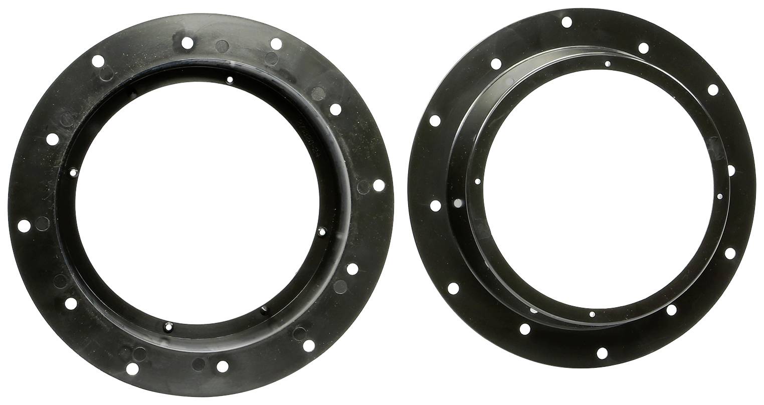Two circular, black metal flanges with multiple drill holes, depicted side by side.