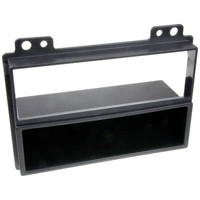 Black, rectangular plastic frame with an upper opening and a lower storage compartment. Used for car radios.