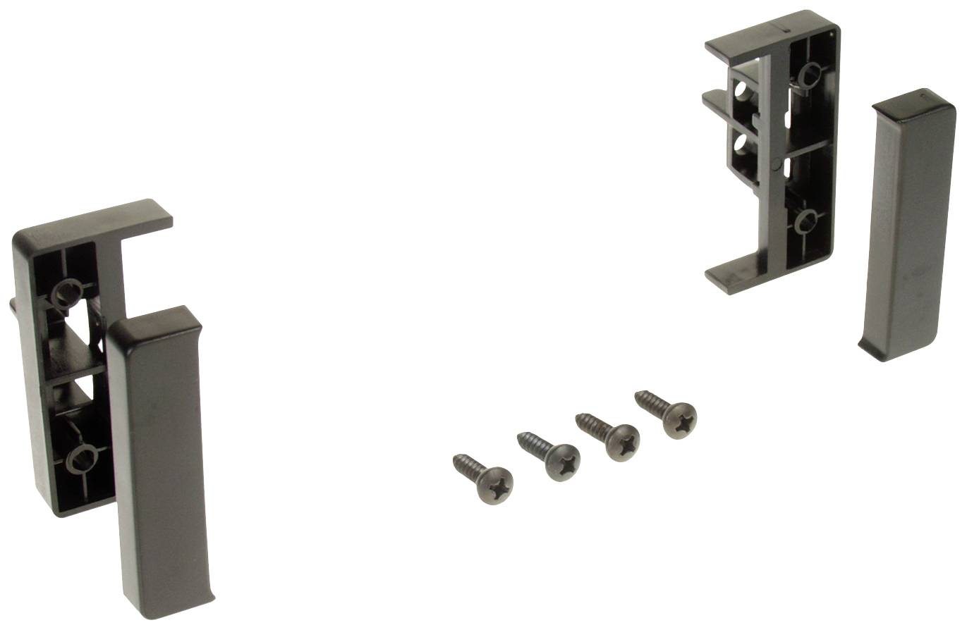 Mounting Bracket Set with rectangular black plastic components and four screws. Usable for installation on various surfaces.