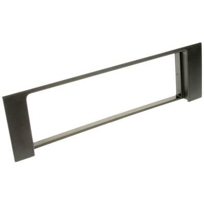 Black powder-coated steel car radio mounting kit, rectangular in shape with a large central cutout.