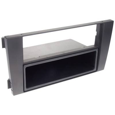 Rectangular black car radio mounting frame with open storage compartment.