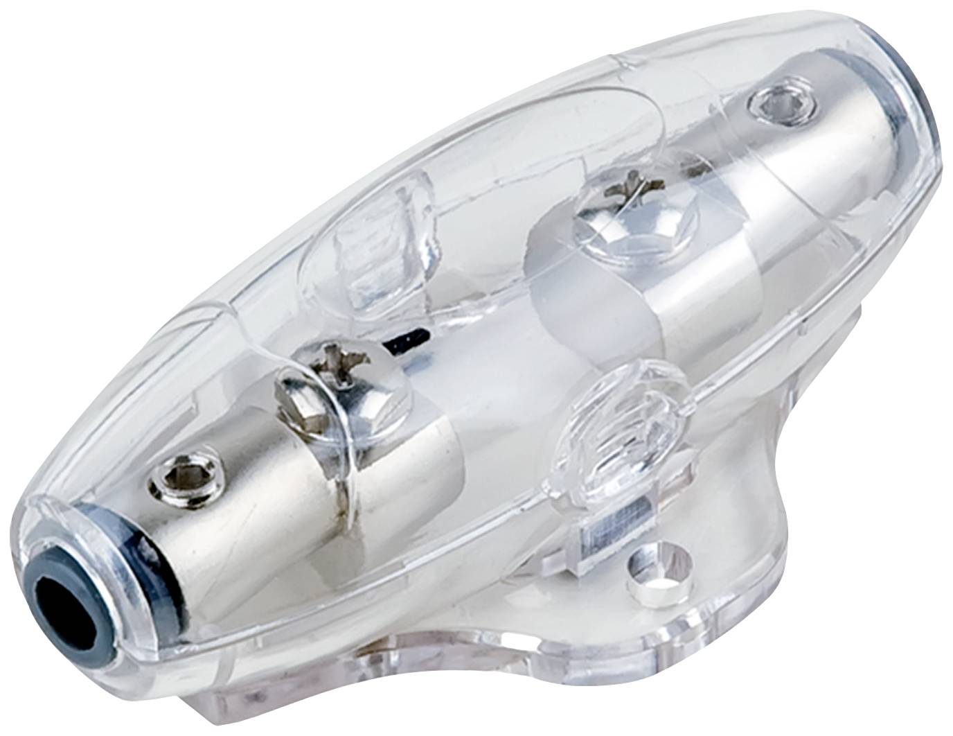 Cable distributor with a transparent plastic housing, showing two metal screws and connection points for electrical wires.