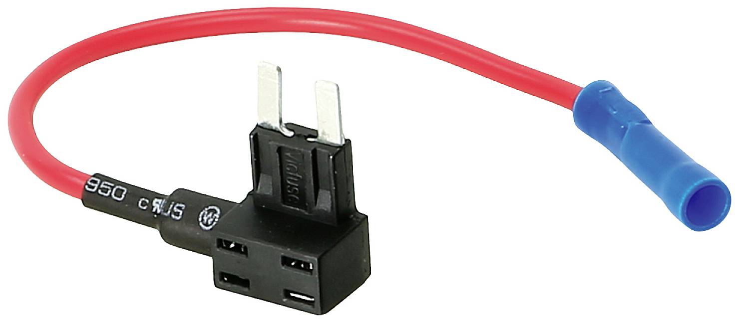 'Circuit adapter with cable: Red wire with blue connector and black fuse holder, suitable for automotive installations.'