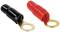 Two ring cable lugs, black and red, with gold-plated terminals. Electrical components for connecting cables.