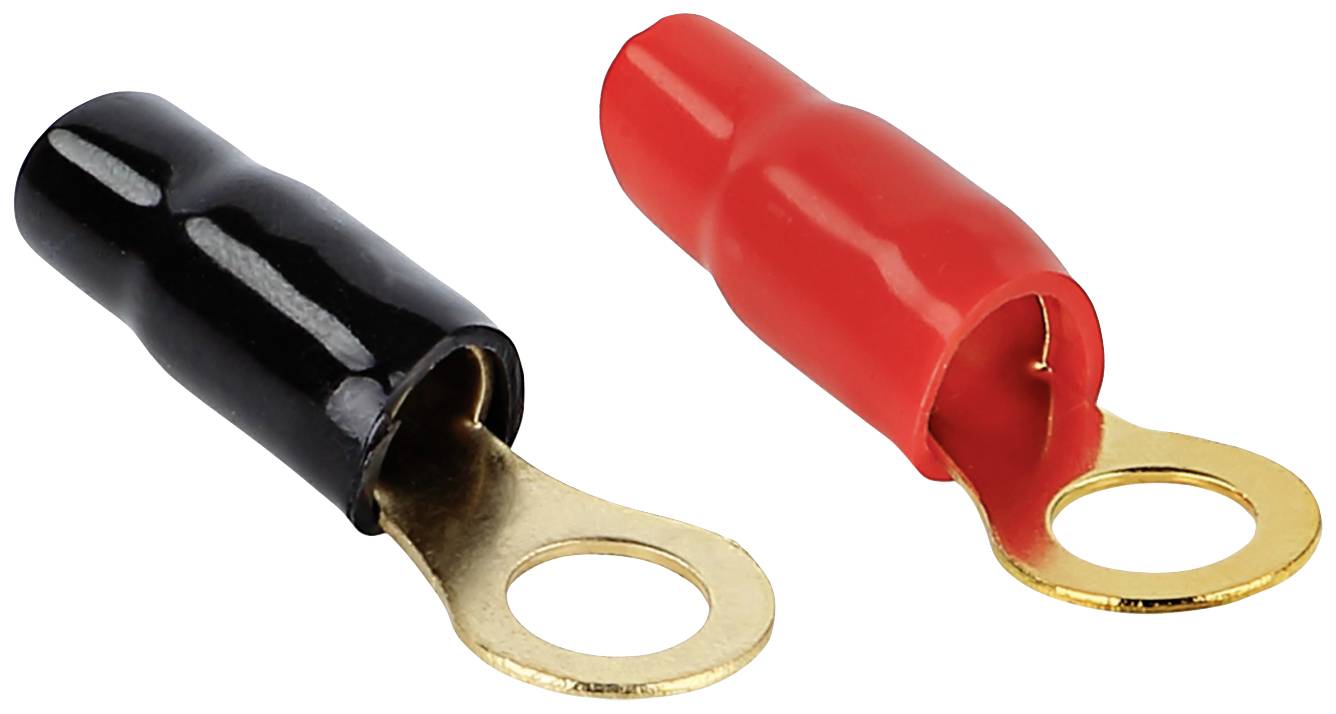 Two isolated cable lugs, one black and one red, with gold connection rings, for electrical connection.
