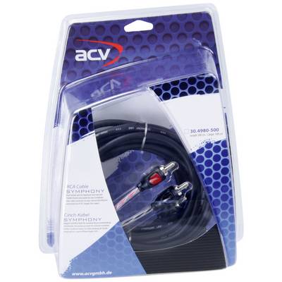 'ACV RCA Cable, Model SYMPHONY, 5 Metres in Length. Packaging with a transparent viewing window, displaying the cable with red and black connectors.'