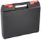 Black briefcase with red fastening at the top.