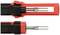 Two red and black test probes, one stored in the housing, the other exposed, show the tips of the metal probes.