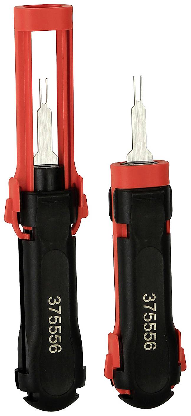 Two red and black extraction tools with long, thin metal tips. They are designed for removing contacts from electrical connectors.