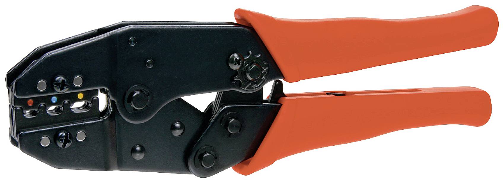 A black crimping pliers with orange handles, used for securing cable connections.