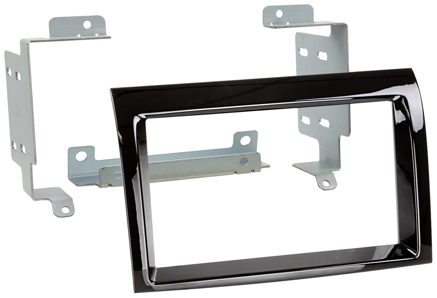 Radio Fascia Installation Kit, comprising a black plastic frame and two metal mounting brackets for secure fitting.