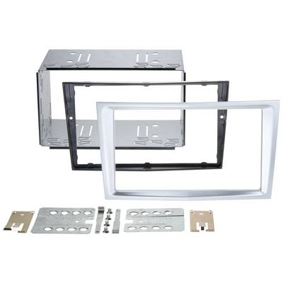 Car radio installation kit, comprising a metal frame, a plastic frame, and mounting elements.
