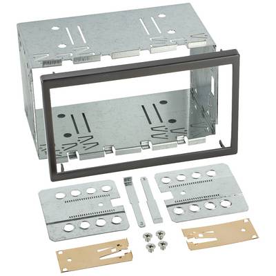 Metal enclosure with black frame and mounting hardware including screws and brackets, for installing electronic devices.