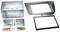 Radio mounting kit for car installation, comprising metal frame, plastic fascia, screws and mounting hardware.