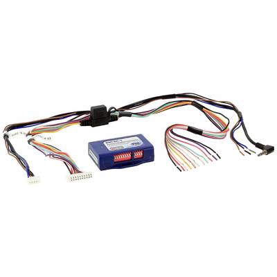 Electrical wiring loom with multiple coloured wires and connectors, connected to a blue control unit.
