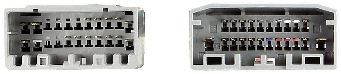 Two connectors side by side: on the left with 14 contacts and on the right with 16 contacts. Both are grey with different socket arrangements.