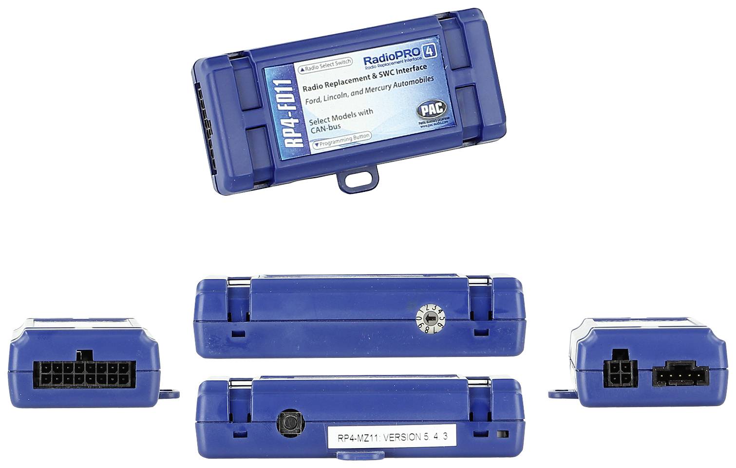 A blue electronic module with multiple connectors. It is labelled as 'RadioPRO' and is used for radio control in motor vehicles.