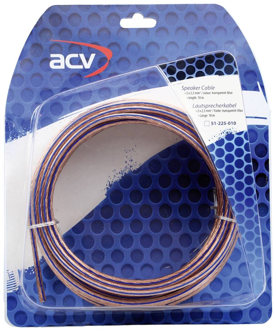 Speaker cable by ACV, 10 metres, transparent blue and copper-coloured, in blister packaging with product label and logo.