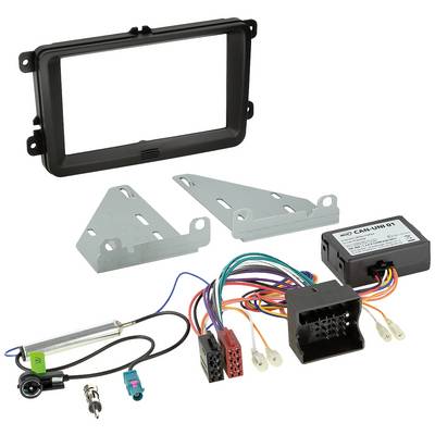 Car radio installation kit: Contains a rectangular fascia panel, two mounting plates, cable connections, and adapter for connection.