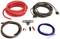 Cable set for car amplifier: red power cables, brown earth cables, black RCA cables, blue speaker cables and fuse holder.