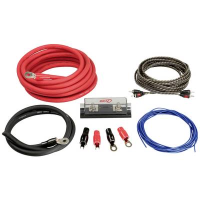 Electrical accessory kit with red and black cables, fuse holder, RCA cable and cable terminals. Ideal for car audio installations.