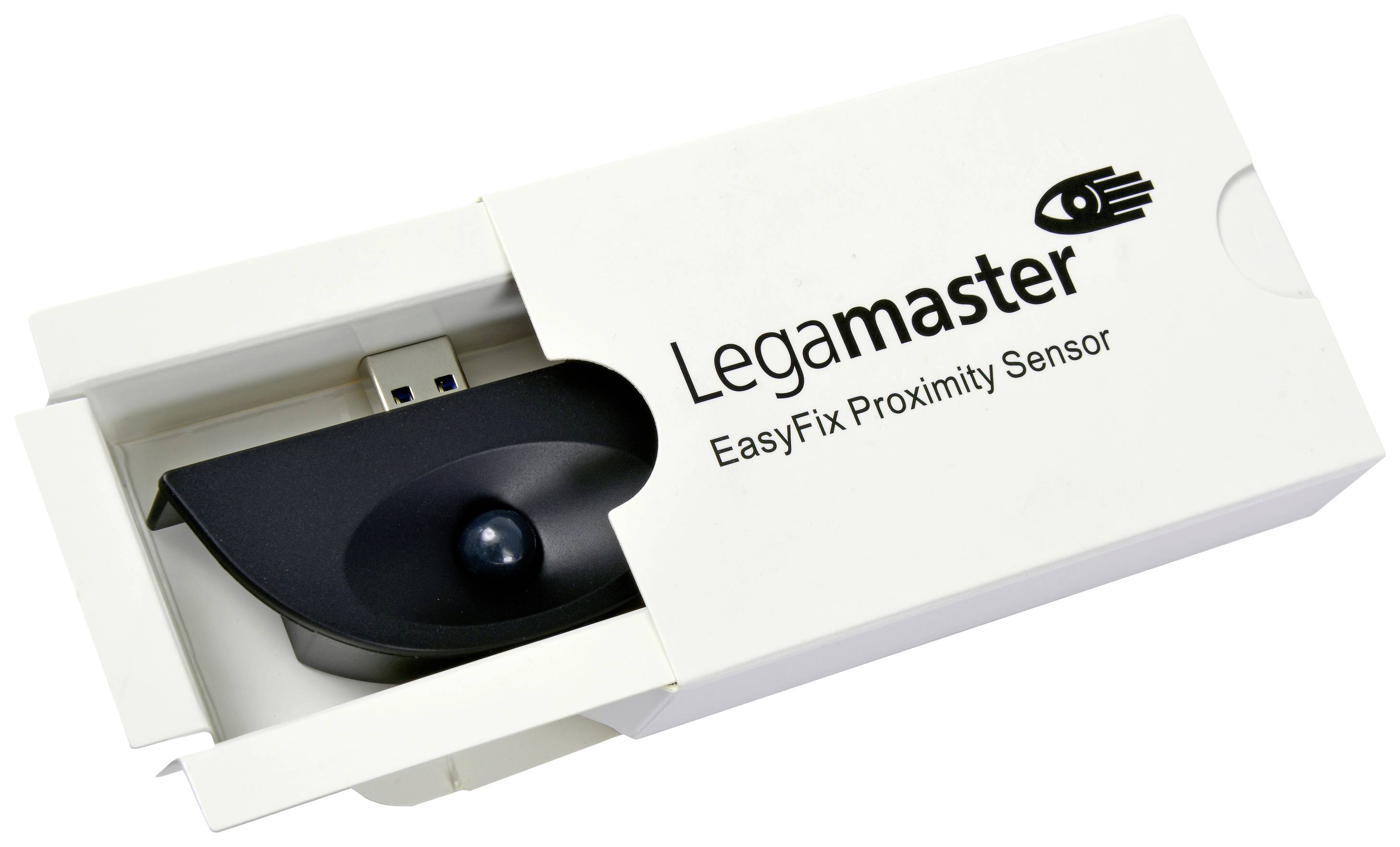 Packaging of a Legamaster EasyFix Proximity Sensor, partially opened, displaying the device with a USB plug.