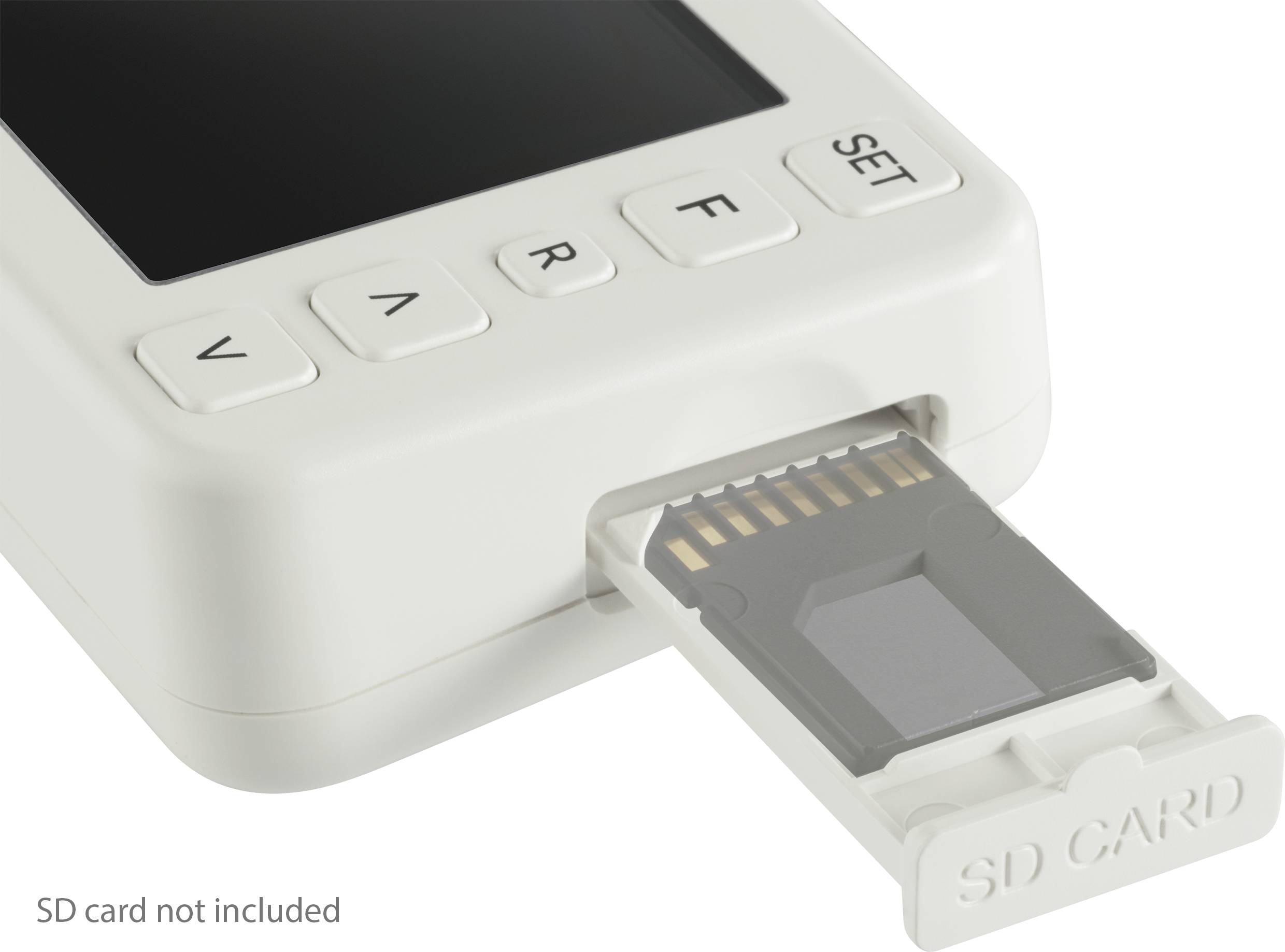 A white device with a display and buttons is shown, with an SD card slot visible. 'SD card not included' is written at the bottom.