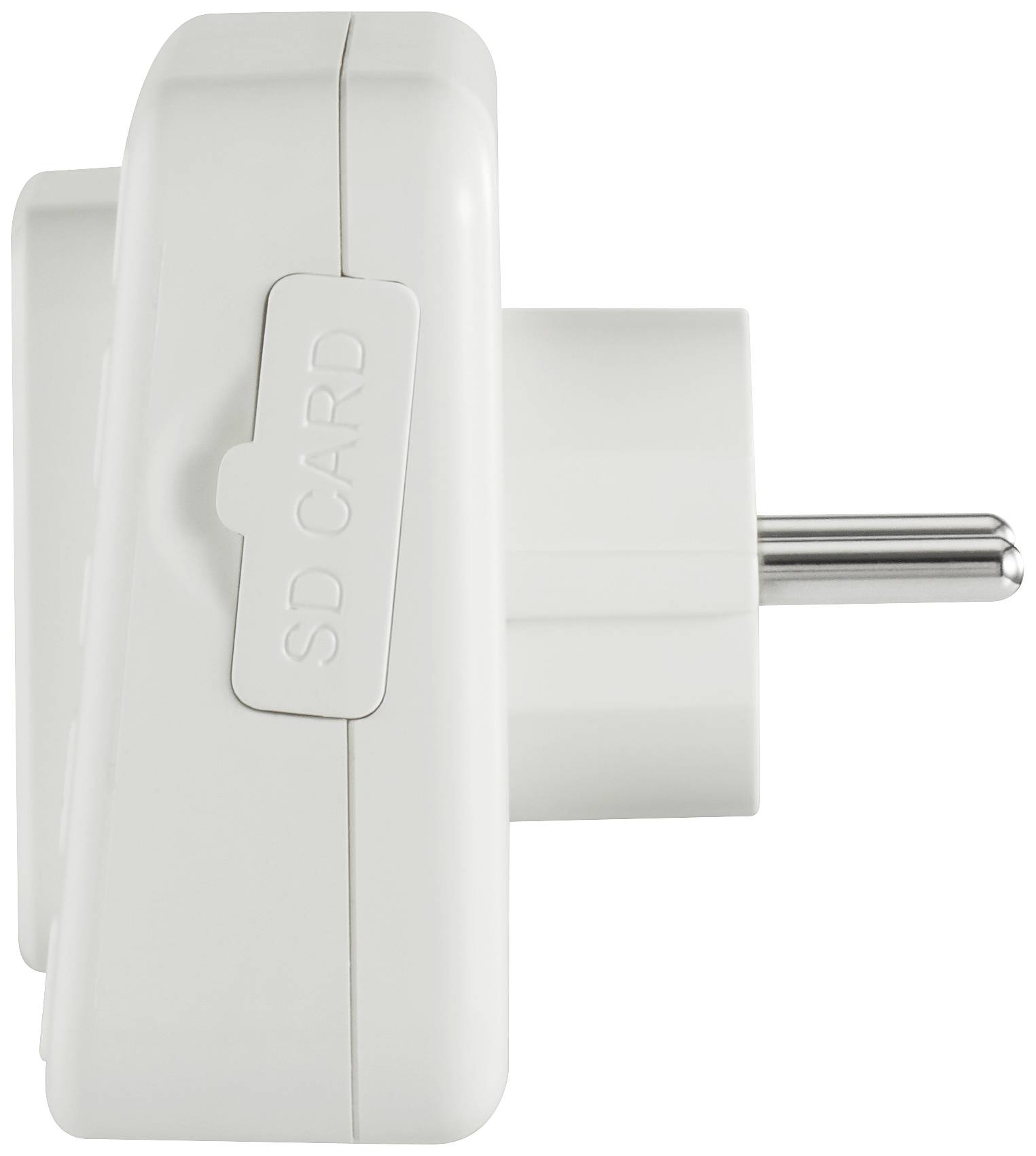 In the image, a white plug adapter with an SD card slot on the side can be seen.