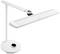 A white table lamp with a long, flat shade, attached to a slender, vertical arm on a round base.