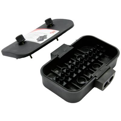 An opened black plastic case with slots, next to it the removed lid with two rotary fasteners and a label.