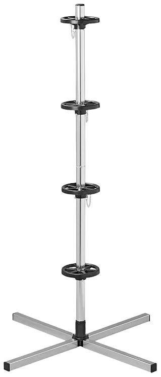 A free-standing microphone stand with four adjustable, black holders and a sturdy metal cross base.