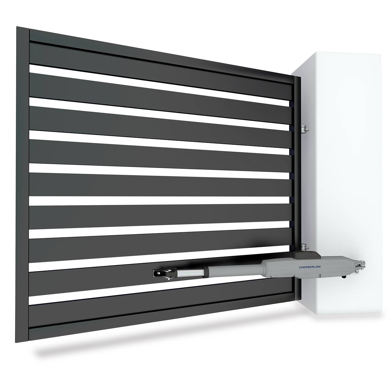 Metal sliding gate with horizontal, uniform bars, powered by an electric motor fixed to the side.