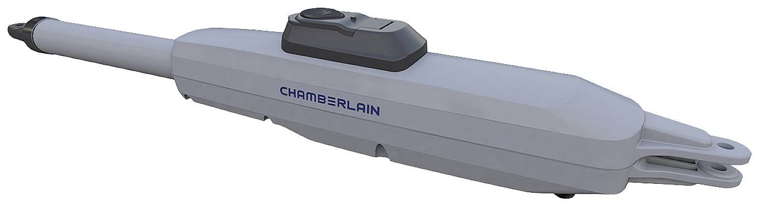 Electric gate motor with 'Chamberlain' inscription, grey, elongated shape, with motor housing.
