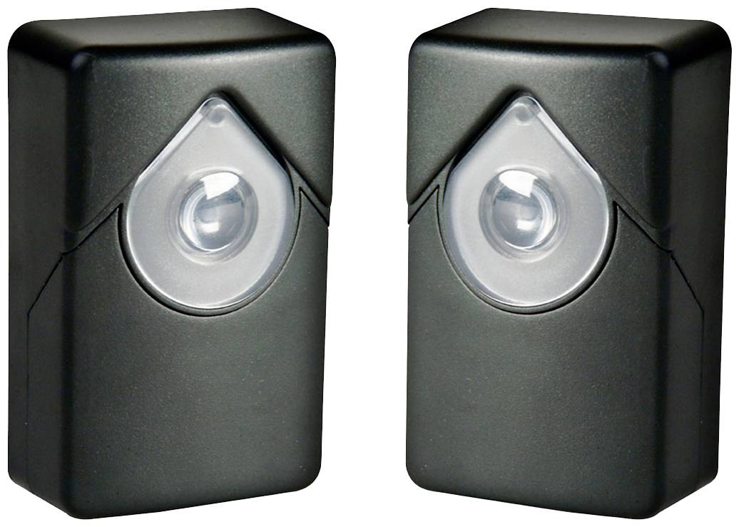 Two black photoelectric barrier sensors in a square housing with a circular lens in the centre of each unit.